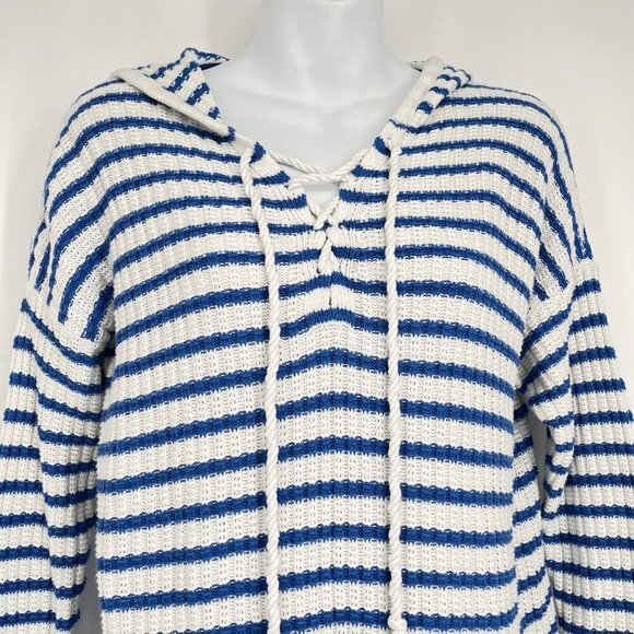 Aerie Striped Knit Hoodie Sweater Blue & White Size M‎ 100% Cotton - Picture 2 of 7